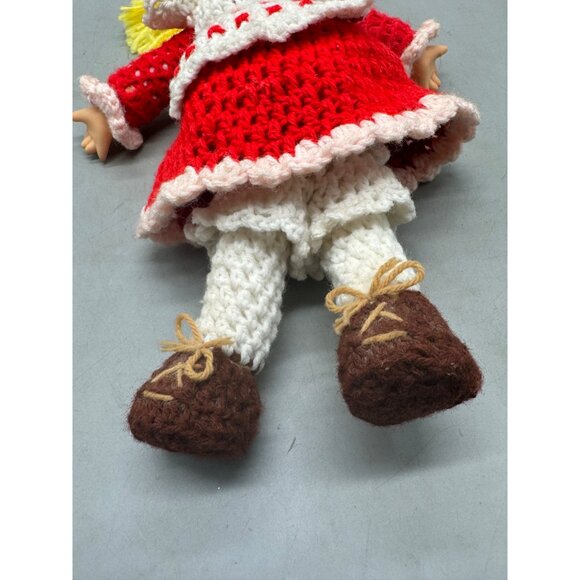 Vintage Handmade Crochet Doll With Yellow Yarn Hair & Red Dress Apron 14" READ - Picture 5 of 9